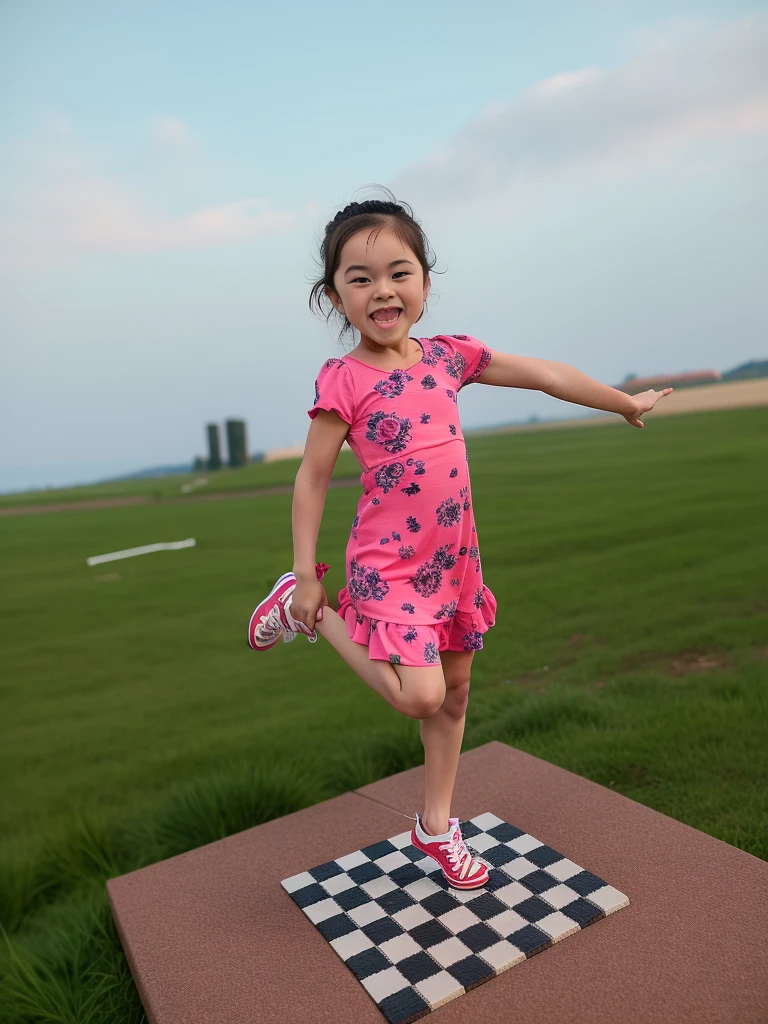 there is a  standing at a chessboard in a field, foto modo retrato, standing on two legs, Girando, Tiro na Canon EOS R5, Tiro na Canon EOS R 5, Tiro na Nikon Z9, pose divertida, menina felio tirada com Nikon D 7 5 0, Foto tirada com Nikon D750, jumping towards viewer