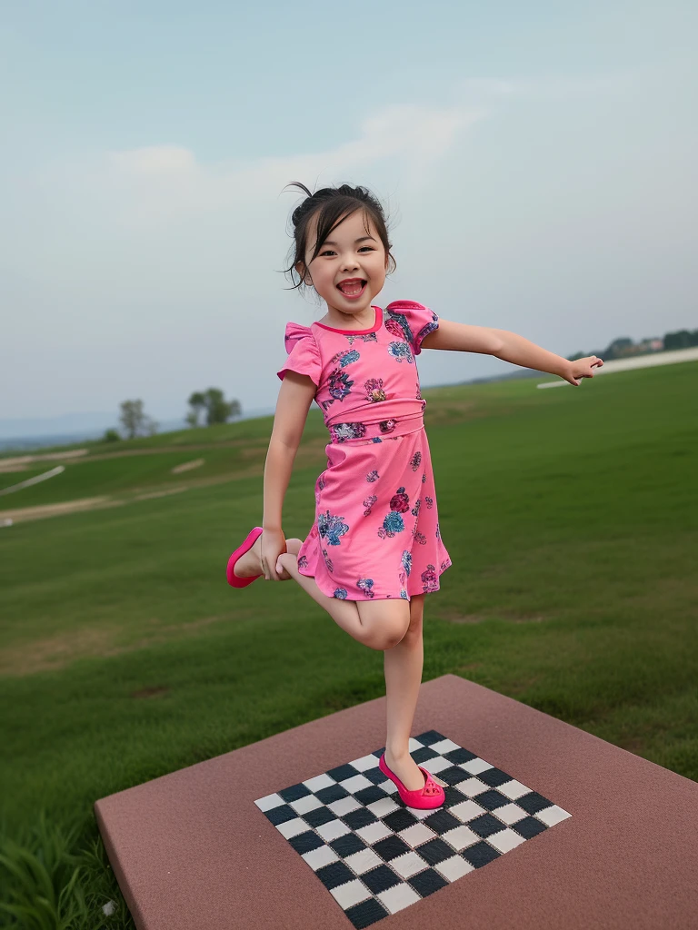 there is a ****** girl standing at a chessboard in a field, foto modo retrato, standing on two legs, Girando, Tiro na Canon EOS R5, Tiro na Canon EOS R 5, Tiro na Nikon Z9, pose divertida, menina feliz, Foto tirada com Nikon D 7 5 0, Foto tirada com Nikon D750, jumping towards viewer