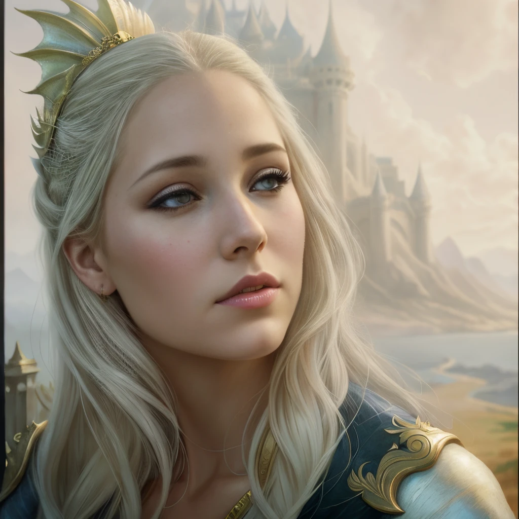 Arafed blonde woman with a dragon head and a white dress, the dragon girl portrait, graphic artist magali villeneuve, realistic fantasy illustration, fantasy art portrait, inspired by Magali Villeneuve, magali villeneuve', Portrait of a Dragon, hyperrealistic fantasy art, fantasy portrait art, Detailed matte fantasy portrait, fantasy portrait, beautiful fantasy art portrait