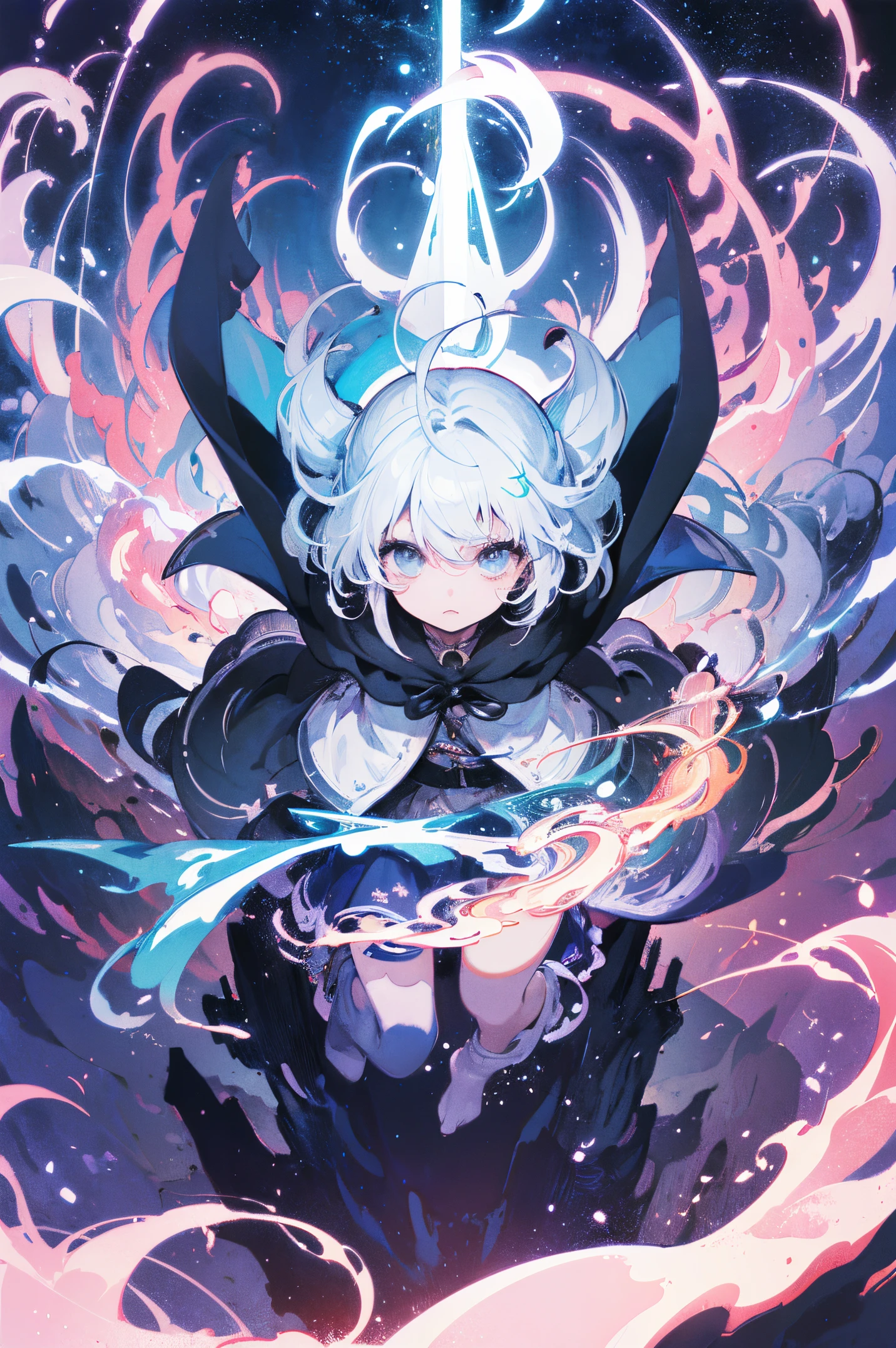 (​masterpiece、top-quality、Official art:1.2)、Look at viewers、(Little Girl))、（Wizard's Clothing，colorless hair）（storm magic!! ︎），mysterious island、light group），floating colorful air、(2D:1.5)