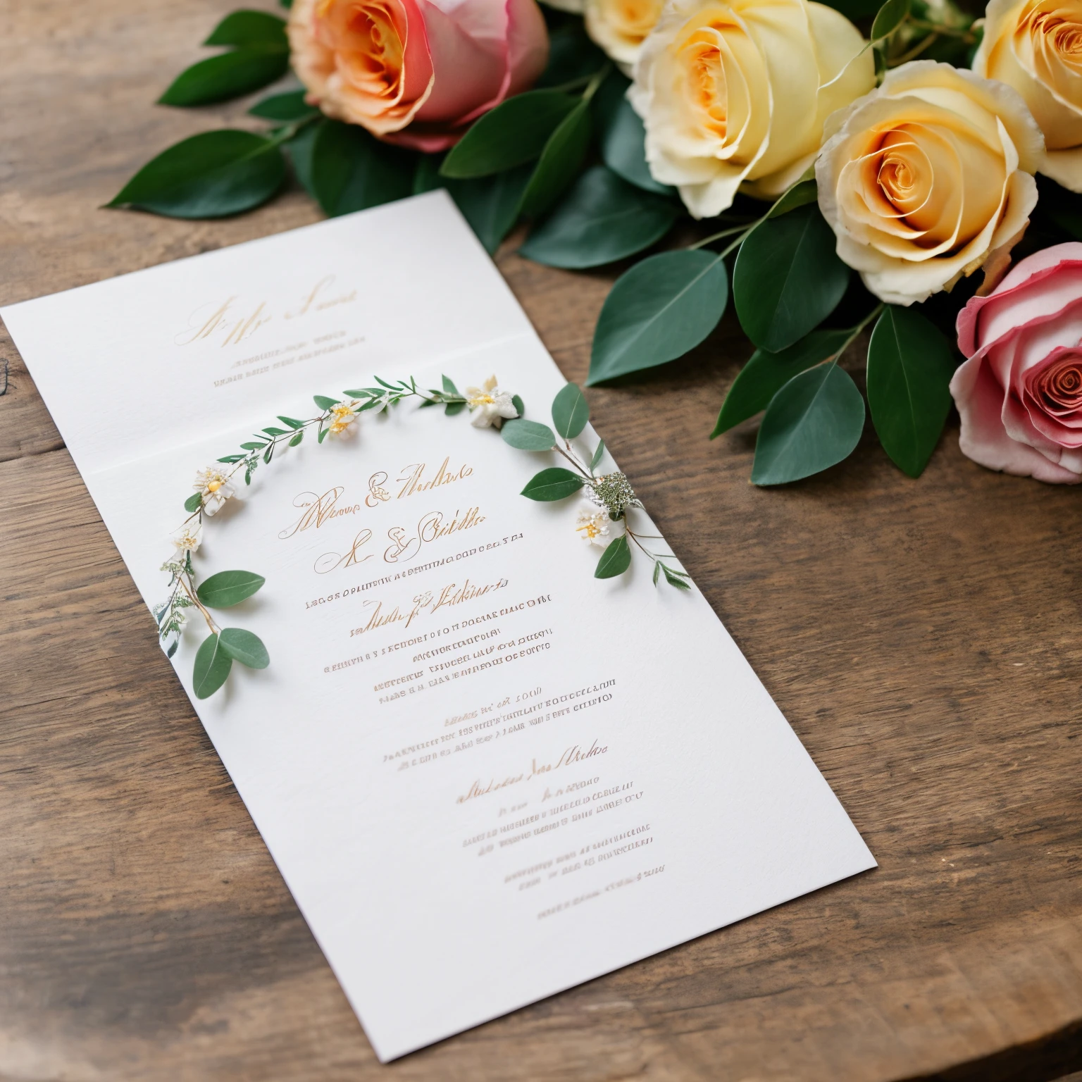 A white invitation lying on the table. The table is decorated with flowers and wedding elements. A hyper realistic image. 8k and hyperrealistic