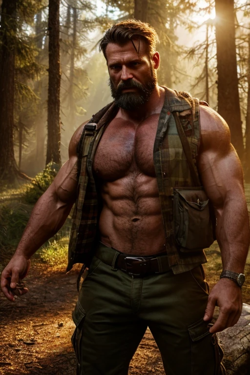 (realistic, high-res),male,brown hair,40 years old,beard, hairy, lumberjacks, pumped chest, full body, cargo pants, intense expression, dramatic lighting, masculine features, open eyes, realistic eyes, forest, nature, sunlight filtering through the trees, shadows, dynamic composition, raw and gritty, authenticity, rugged beauty, atmospheric, textured, compelling, captivating, evocative, cinematic, intense energy, golden hour lighting, sun-kissed, expressive, immersive, larger than life, powerful presence.