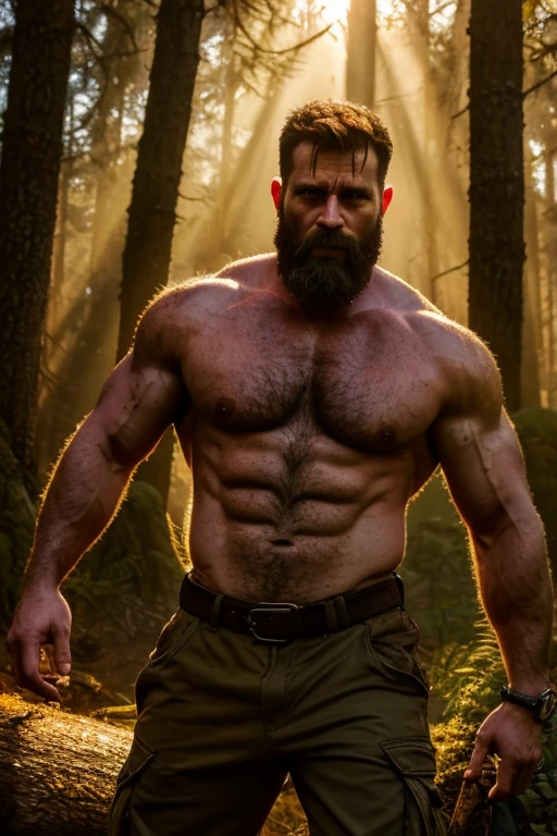 (realistic, high-res),male,brown hair,40 years old,beard, hairy, lumberjacks, pumped chest, full body, cargo pants, intense expression, dramatic lighting, masculine features, open eyes, realistic eyes, forest, nature, sunlight filtering through the trees, shadows, dynamic composition, raw and gritty, authenticity, rugged beauty, atmospheric, textured, compelling, captivating, evocative, cinematic, intense energy, golden hour lighting, sun-kissed, expressive, immersive, larger than life, powerful presence.