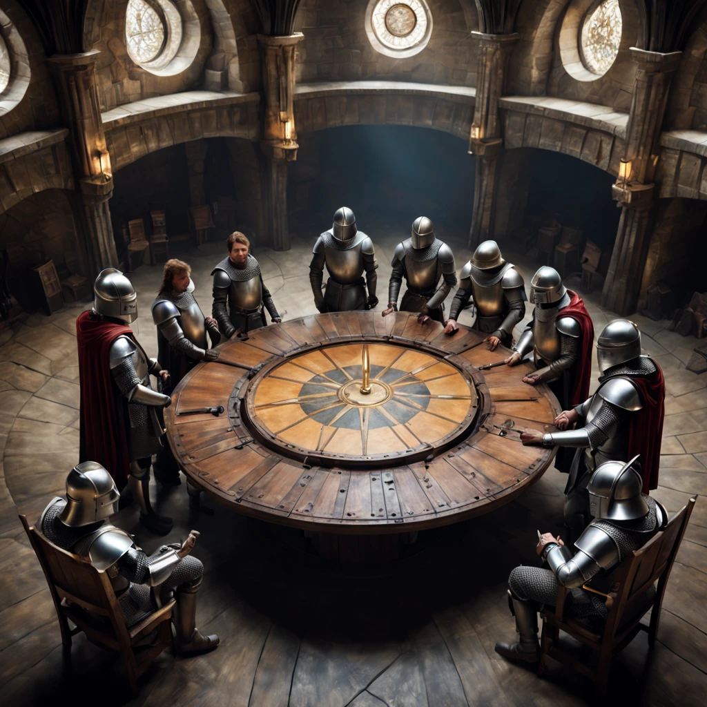 Depict the meeting of the knights of the round table in Camelot, led by King Arthur, combining Medieval style and Sci-Fi style, a scene in the style of Medieval Sci-Fi, Medieval Sci-Fi
Fusion, pay special attention to the details of the knights' equipment and the surrounding environment, view from the upper corner, cinematic photo processing, full frame, hyperdetalized, realistic