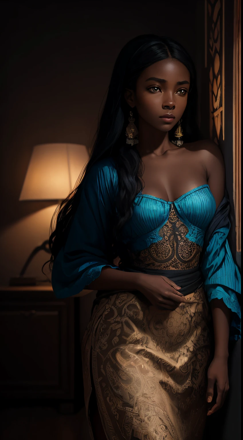 A brief moment of calm, beautiful black girl with cinnamon skintone, dark skin, neutral color lace clothing against the vibrant colors of a wall tapestry. Portrait shot with peach and cyan lighting , detailed intricate , in the style of James Jean and Thomas Kincaid , chiaroscuro, wabi sabi art style , obscura, beautiful, masterpiece, behance winning, oil painting, romanticism