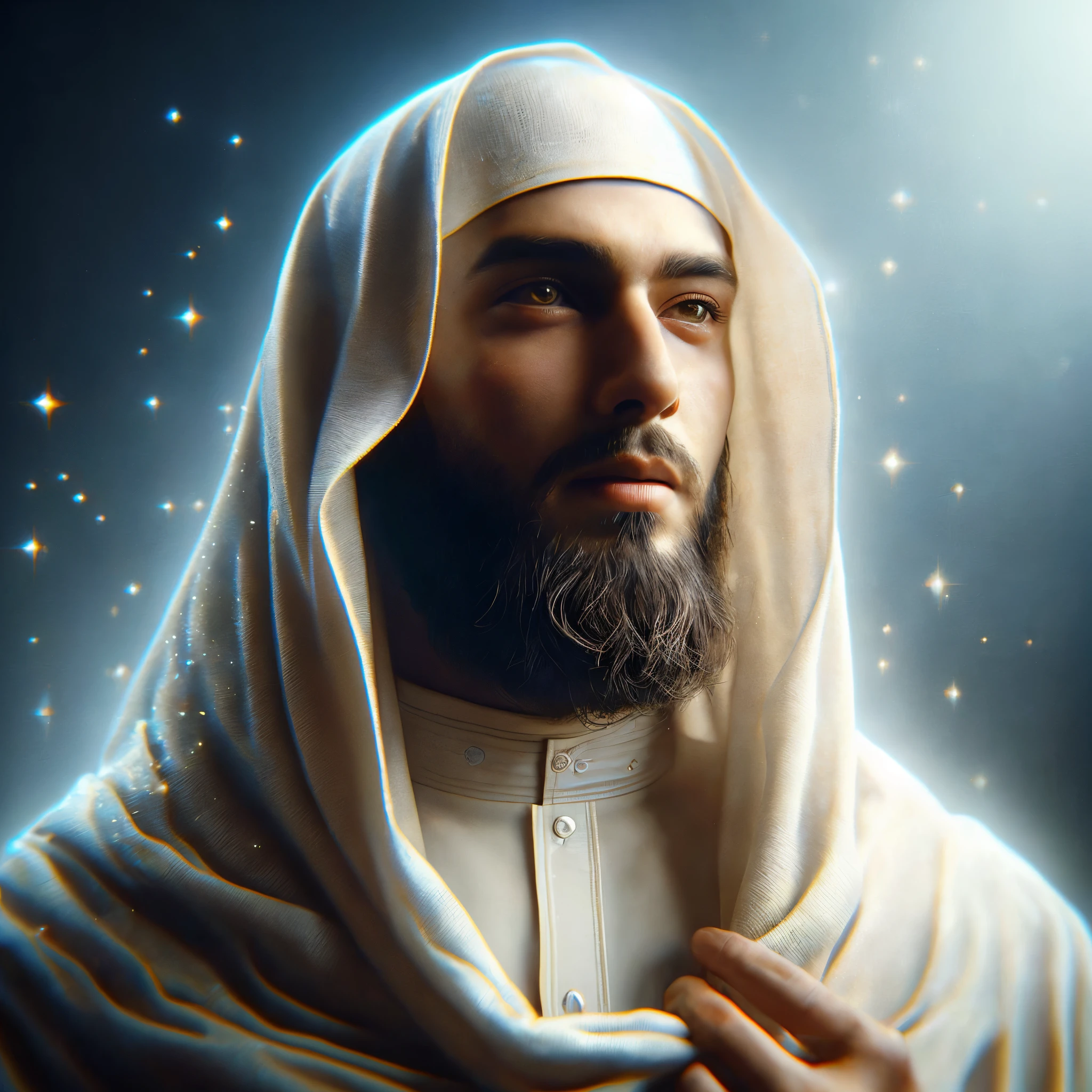 A pristine Islamic man, with a youthful appearance and fair complexion, showcases his pure-heartedness. With a smooth complexion devoid of facial hair, with medium beard, he exudes an innocent charm. This extraordinary image, presented in UHD, creates a cinematic and photorealistic experience for viewers. With incredible attention to detail, the image captures the subject's every feature and texture in ultra-high resolution. The level of detail is truly astounding, emphasizing the lifelike and realistic qualities of the image.