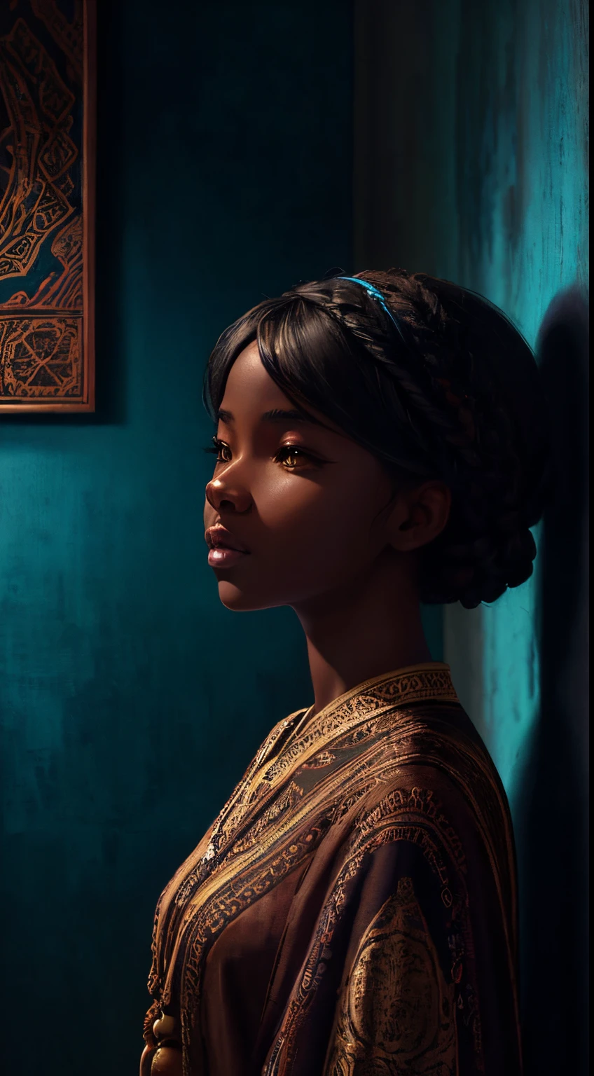 A brief moment of calm, beautiful black girl with cinnamon skintone, dark skin, neutral color lace clothing against the vibrant colors of a wall tapestry. Portrait shot with peach and cyan lighting , detailed intricate , in the style of James Jean and Thomas Kincaid , chiaroscuro, wabi sabi art style , obscura, beautiful, masterpiece, behance winning, oil painting, romanticism