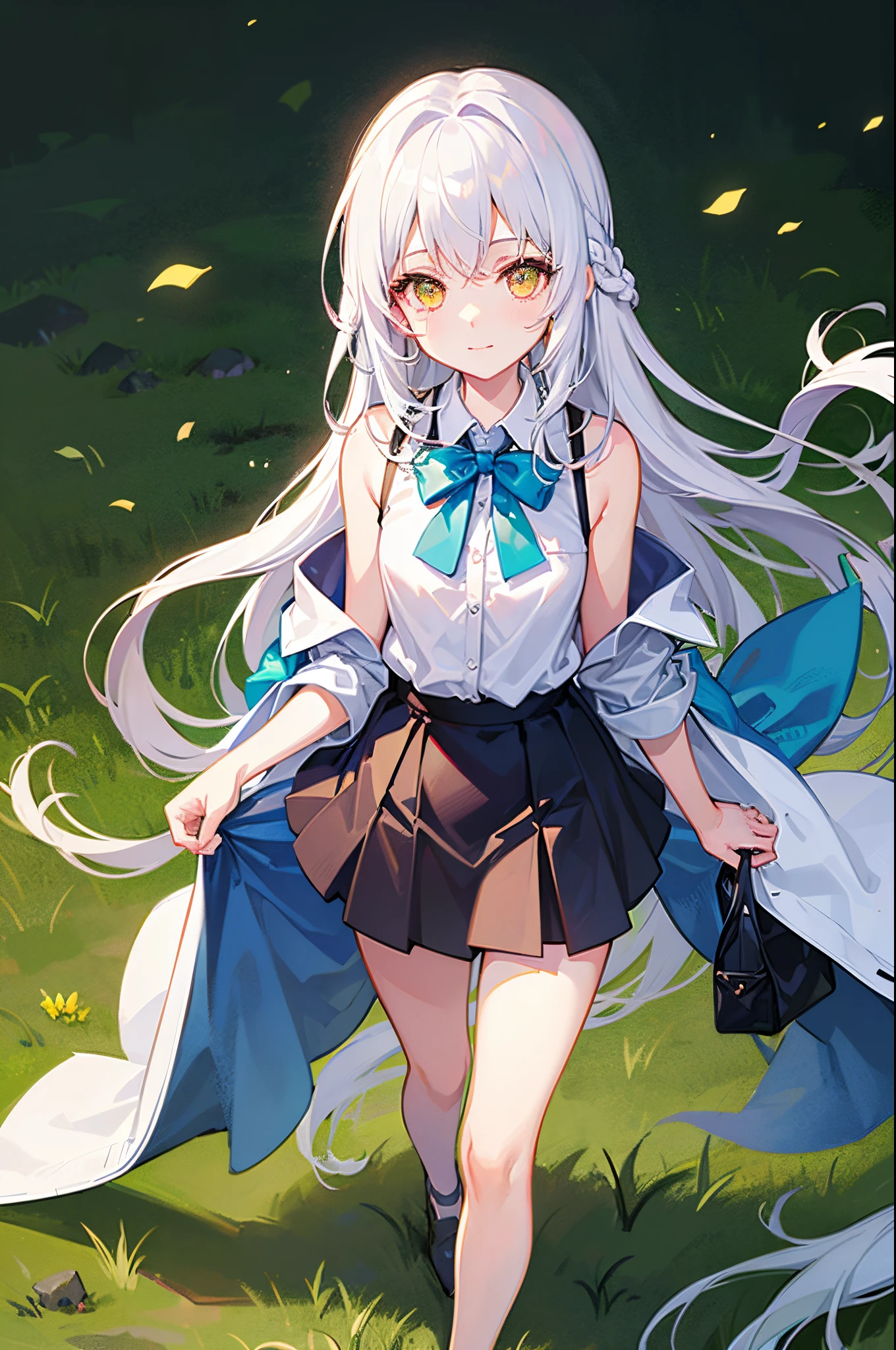(8k, highest quality, Tabletop:1.2)、Ultra-high resolution、One 10-year-old girl, Detailed face、deep, Beautiful Eyes, blue eyes, Checked skirt, Silver Hair, White panties, in the forest, Whirlwind