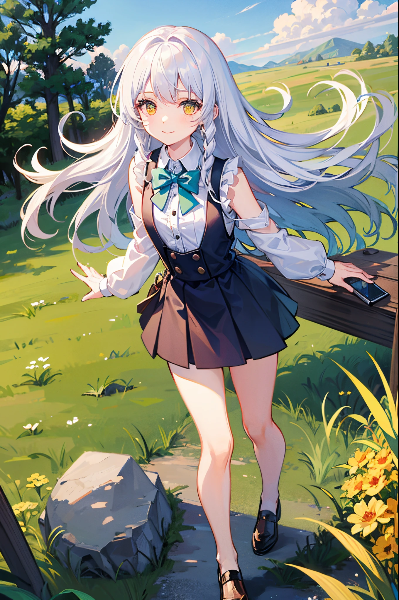 girl with white hair, ,small body;;;;;;;, golden eyes, long-haired,Green braid tied in bows left and right......,, Wear a blue sleeveless shirt......button up. White short skirt, walking on grass.With a man....With a slightly smiling face................