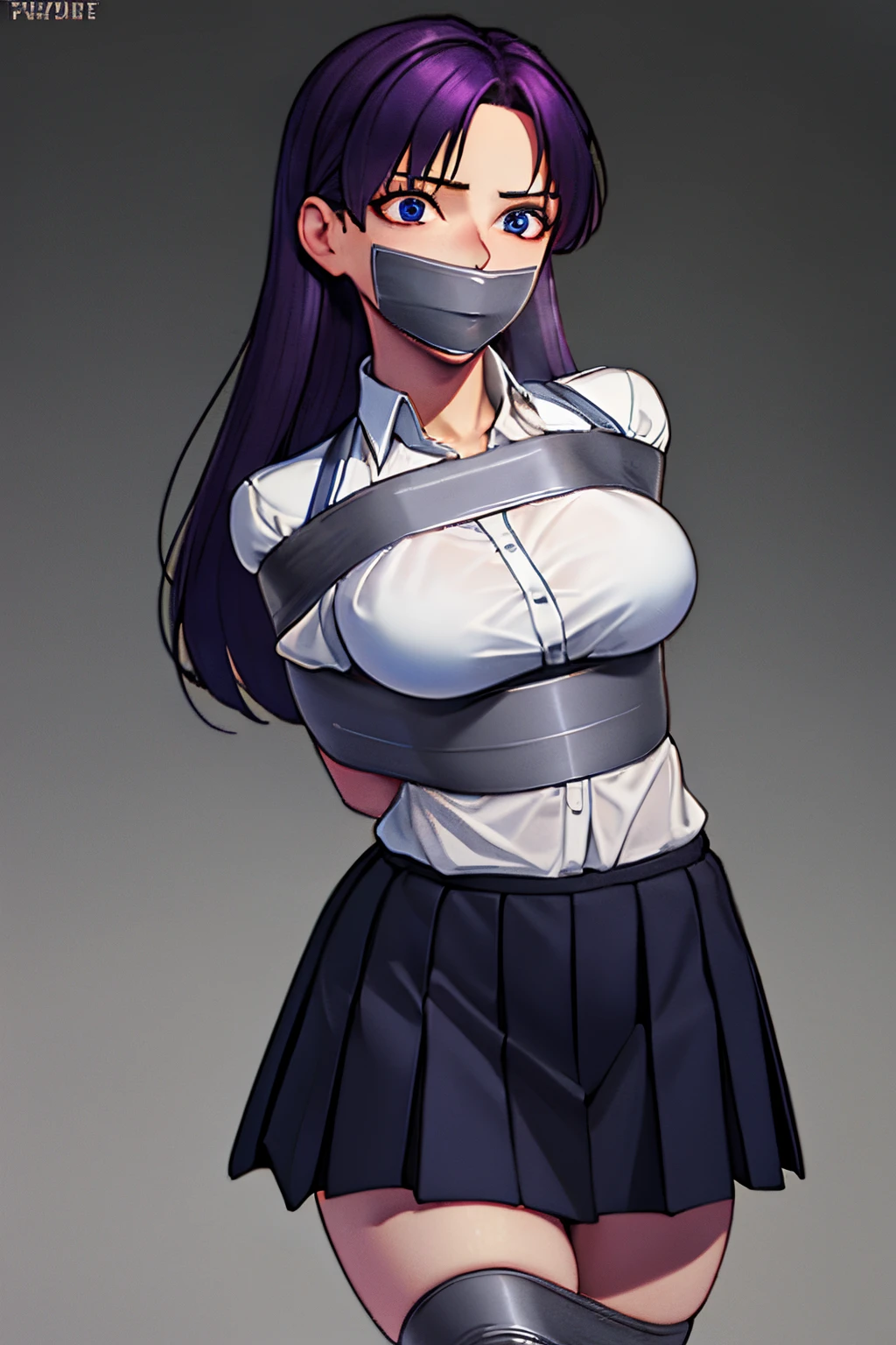 (absurdres, 8k, 4k, masterpiece, hyper extreme detailed:1.2), solo, 1girl, front view, perfect face, 1girl, portrait, expressive eyes, looking at viewer, solo, standing, Female, toned body, mature female, large breasts, pale, purple hair, long hair, dark blue eyes, swept bangs, athletic body, Dark Brown Skirt, White Shirt, bound,  bondage, (arms behind back:1.4), bdsm, tape gag, tape, tape bondage, restrained, best anatomy, tape wrapped, wrap gag, tightly bound, tape wrapped around face, tape above breasts, tape below breasts, standing, tape gag