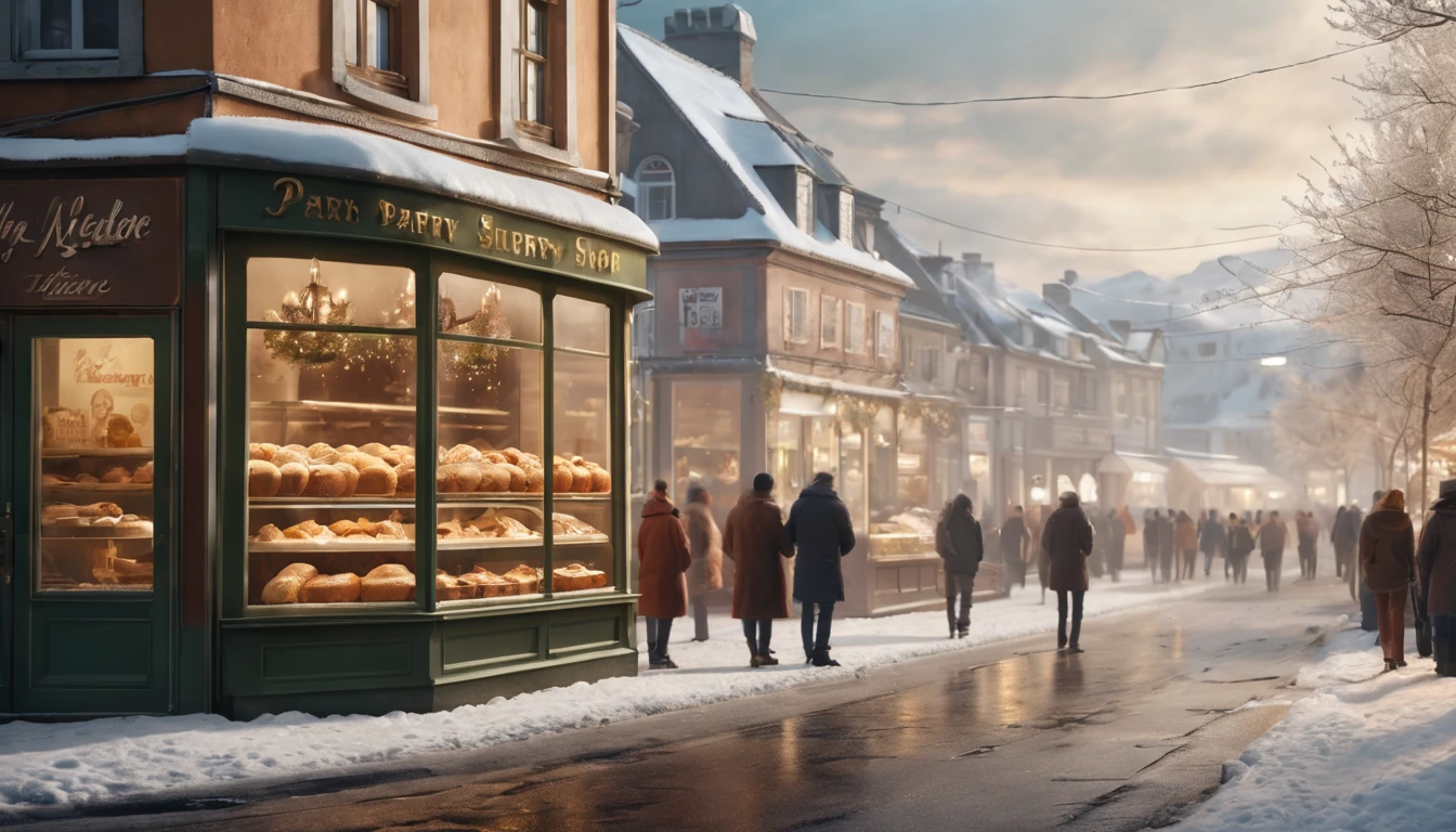 Breathtaking cinematic photo of a real Hyperrealistic christmas landscape photo of a village covered with snow in the ethereal mist at daytime,((snow is falling)), ((people stand in a long line in front of the entrance of the pastry shop)), vivid colors, extremely high-resolution details, photorealism, realistic lifelike textures, masterpiece, best quality, photograph, intricate details, sharp focus, photography, photorealism, photorealistic, 8k, volumetric light, (intricate details), (hyperdetailed), hdr, high detailed, high quality, soft cinematic light, dramatic atmosphere, atmospheric perspective, ultra realistic, neutral colors, cinematic lighting, sharp focus, wide angle, film grain, dslr, raw photo,