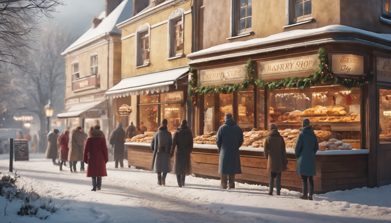 Breathtaking cinematic photo of a real Hyperrealistic christmas landscape photo of a village covered with snow in the ethereal mist at daytime,((snow is falling)), ((people stand in a long line in front of the entrance of the pastry shop)), vivid colors, extremely high-resolution details, photorealism, realistic lifelike textures, masterpiece, best quality, photograph, intricate details, sharp focus, photography, photorealism, photorealistic, 8k, volumetric light, (intricate details), (hyperdetailed), hdr, high detailed, high quality, soft cinematic light, dramatic atmosphere, atmospheric perspective, ultra realistic, neutral colors, cinematic lighting, sharp focus, wide angle, film grain, dslr, raw photo,