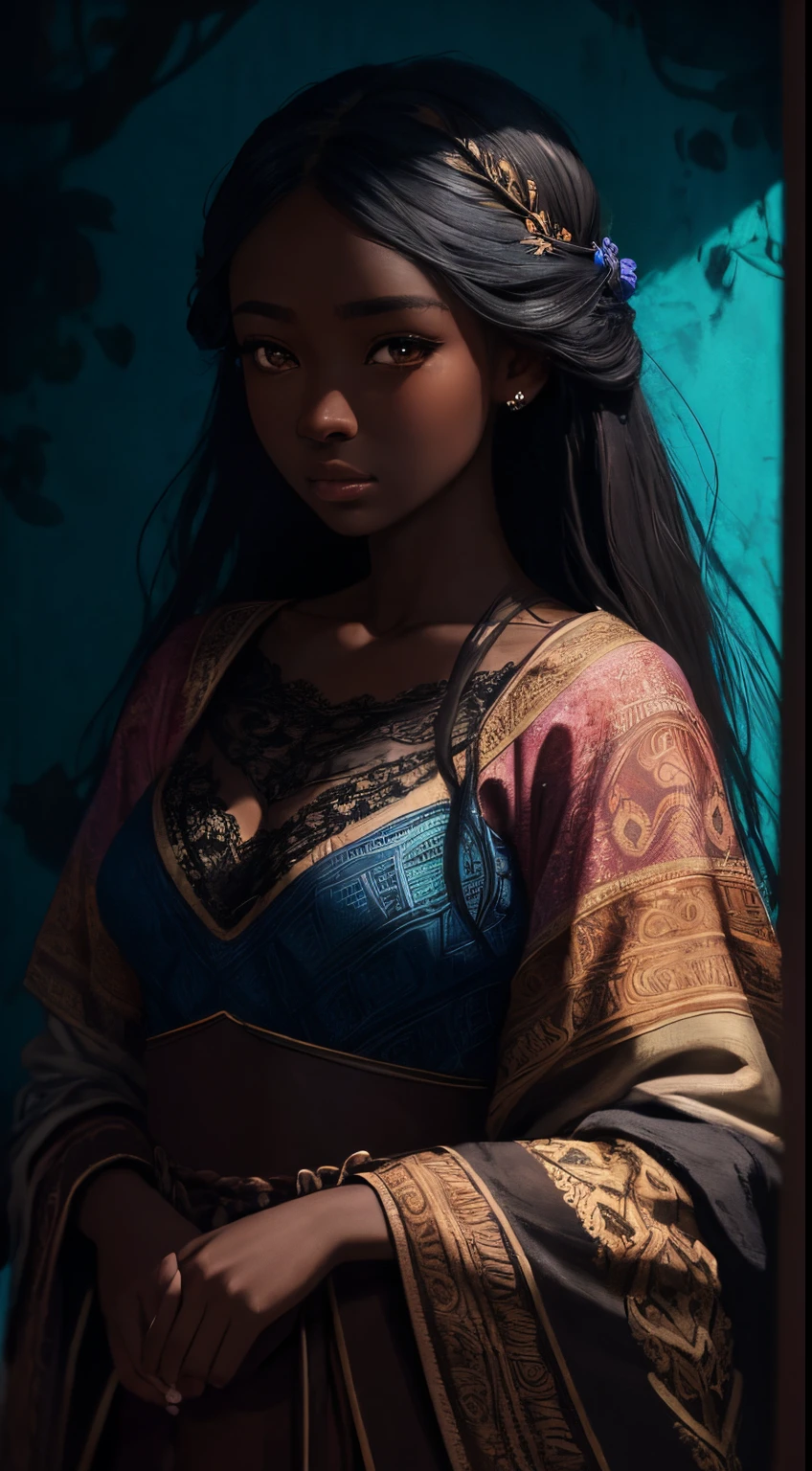 A brief moment of calm, beautiful black girl with cinnamon skintone, dark skin, neutral color lace clothing against the vibrant colors of a wall tapestry. Portrait shot with peach and cyan lighting , detailed intricate , in the style of James Jean and Thomas Kincaid , chiaroscuro, wabi sabi art style , obscura, beautiful, masterpiece, behance winning, oil painting, romanticism