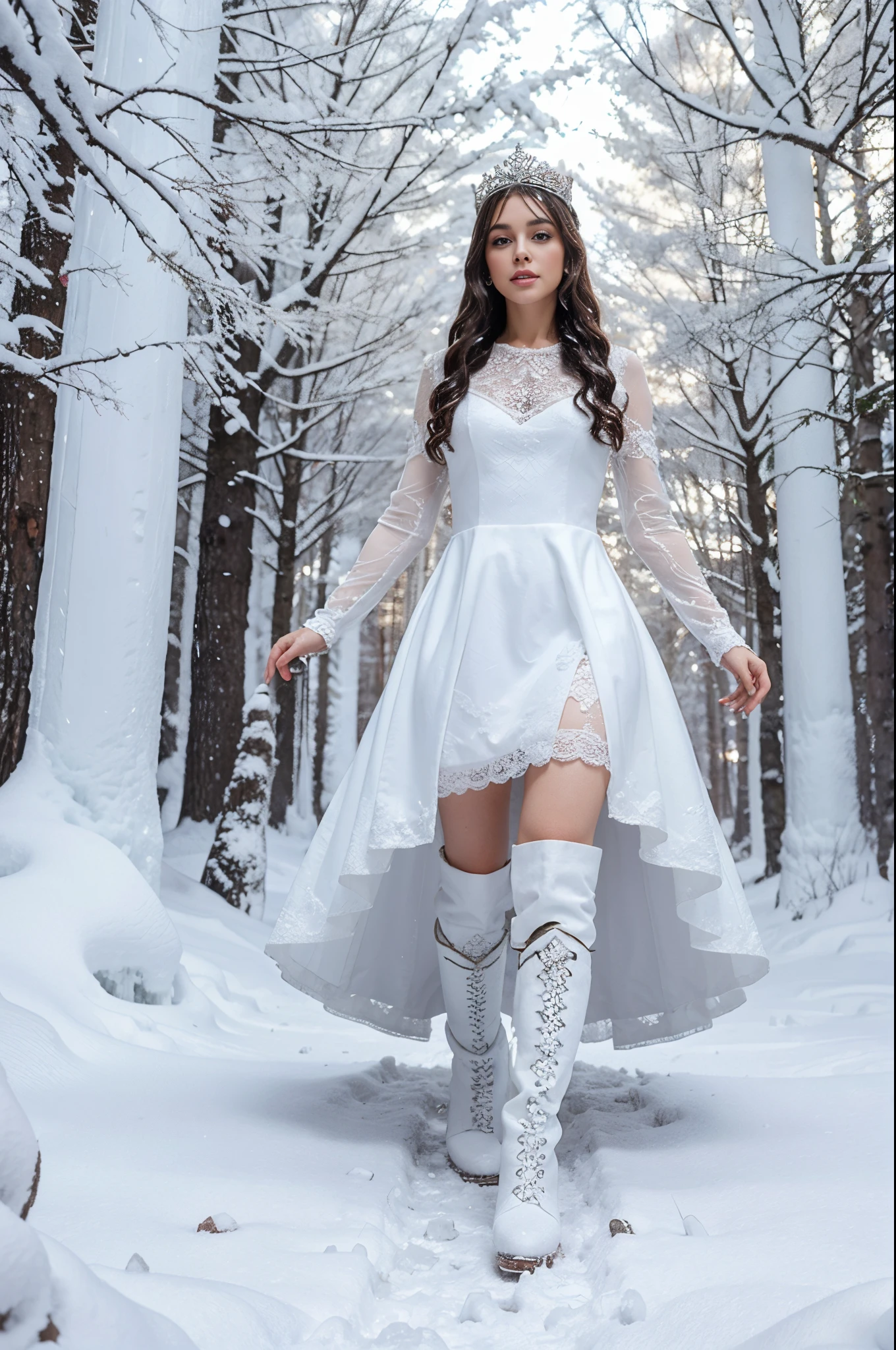 generated a full body of a 25 years old young white woman with dark brown hair, posing in the Castle of Winterfell from the TV show "Game of Thrones." The setting should include the distinctive architectural elements of Winterfell, such as its stone walls, ancient wooden doors, and snowy surroundings, she wear an outfit includes a long, dark, elegant gown with intricate detailing and fur accents, she pose should be regal and confident, capturing the essence of a noble lady in the North