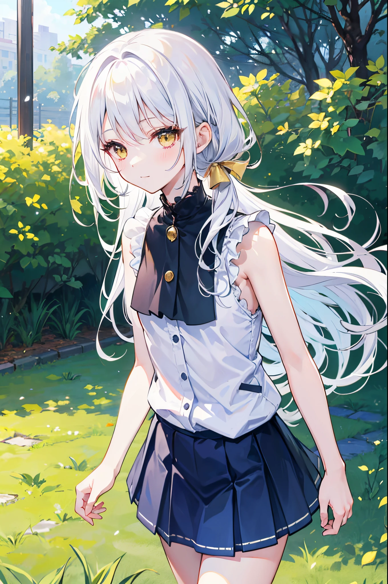 girl with white hair, 7 years old,small body;;;;;;;;, golden eyes, long-haired,Green braid tied in bows left and right.......,, Wear a blue sleeveless shirt......button up. White short skirt, walking on grass.With a man....With a slightly smiling face.................