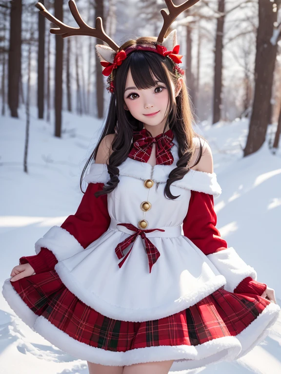 1 girl christmas costume，Reindeer antlers，ssmile，snow white forest，Christmas Day