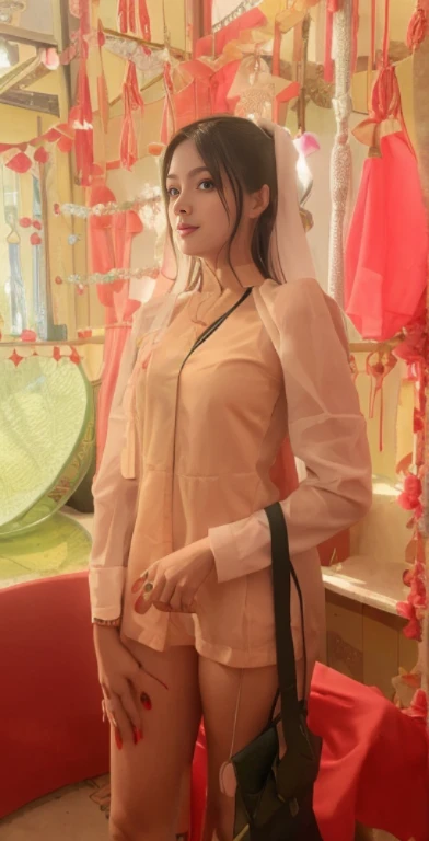 there is a woman standing in a room with a hand bag, she wearing Western dress pink silk short dress beautiful lages glowing skin, beautiful hairstyles black shining hair, beautiful face expression with slime , beautiful sexy figure candid picture, looking from side, from side, very very high quality picture, clear photo