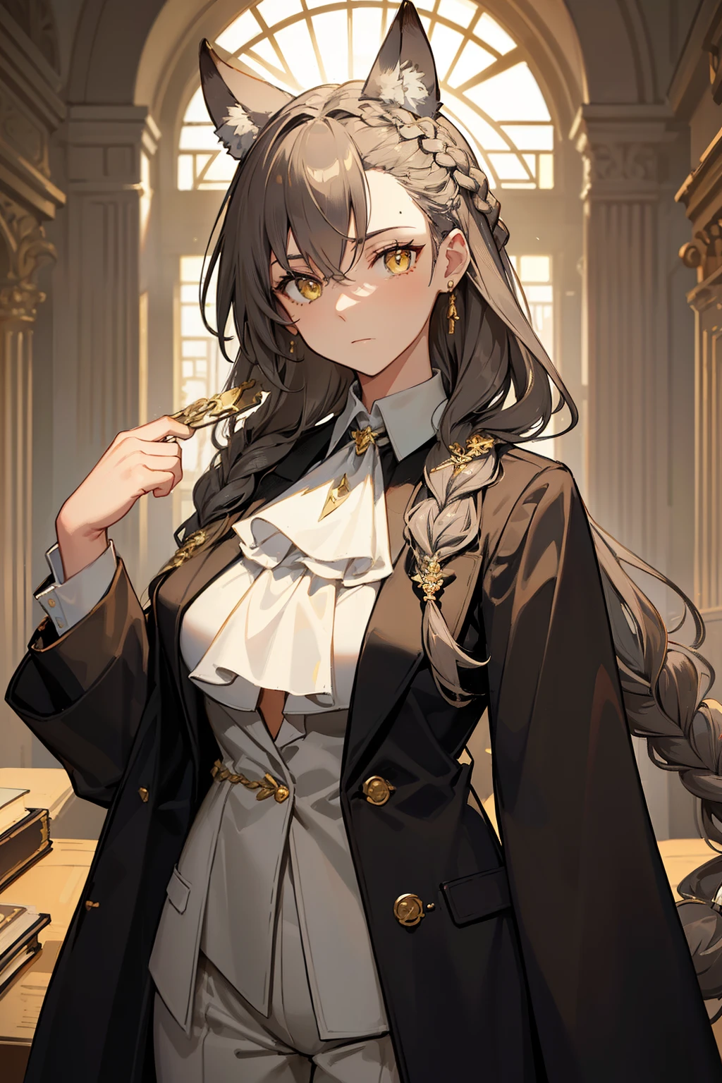 (best quality:1.3), (masterpiece:1.3), (illustration:1.3), (ultra-detailed:1.3), ((Best quality)), animal ears, wolf ears, extra ears, long hair, dark gray hair, wolf girl, yellow eyes, ascot, white ascot, hair between eyes, closed mouth, jewelry, bangs, large breasts, indoors, standing, serious expression, white long pants, black suit, coat, mature, holding a book, tall, braid, french braid, elegant, hair ornaments, golden diadem,