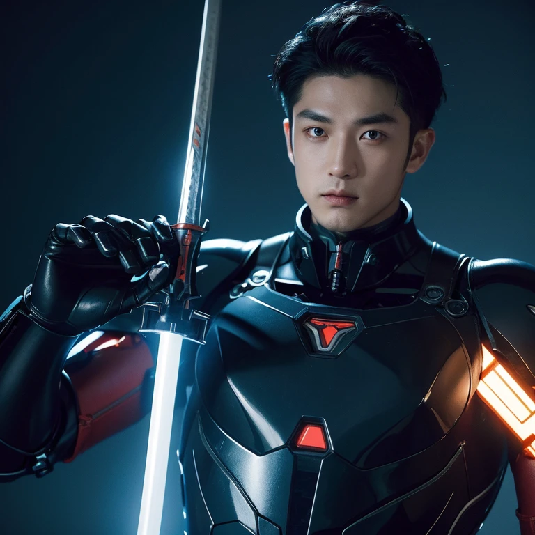 future-tech，Wearing a mecha diving suit，Male Asian 28 years old，Star face，burly build，vampire portrait，Holding mecha sword in hand