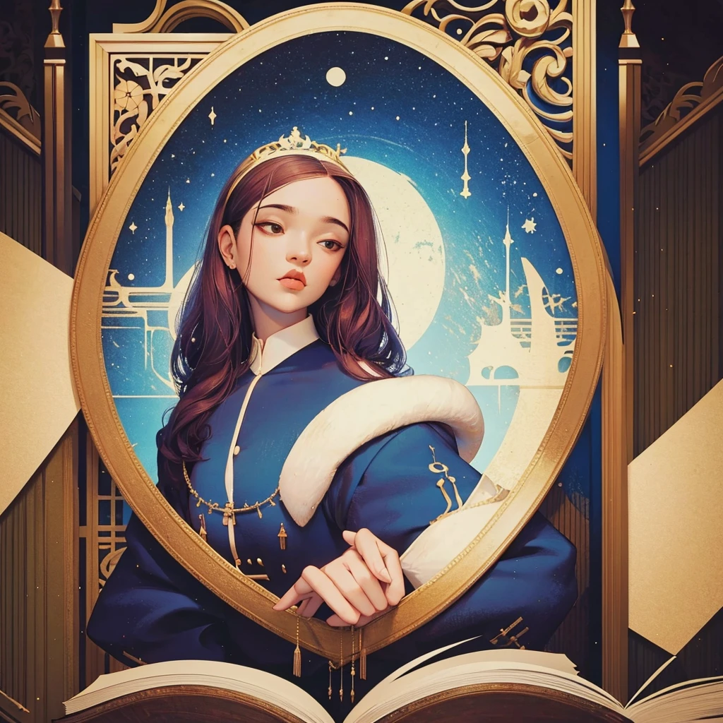 Bust photo,Only the upper body is exposed,Dress without revealing,looking down at book,ornate backdrop,20 year old female,occult scholar