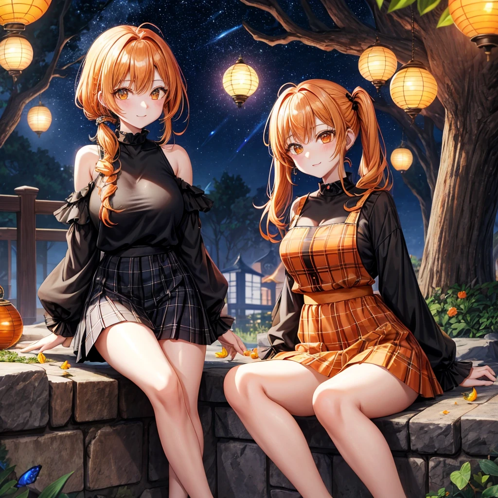Orange hair、poneyTail、verd s eyes、one good looking girl、独奏、animesque、lightly dressed、Plaid miniskirt、a black T-shirt、fullmoon、Meteor swarm、large tree、Glittering starry sky、rainbow butterfly flying、Colorful marbles、sitting on、golden castle