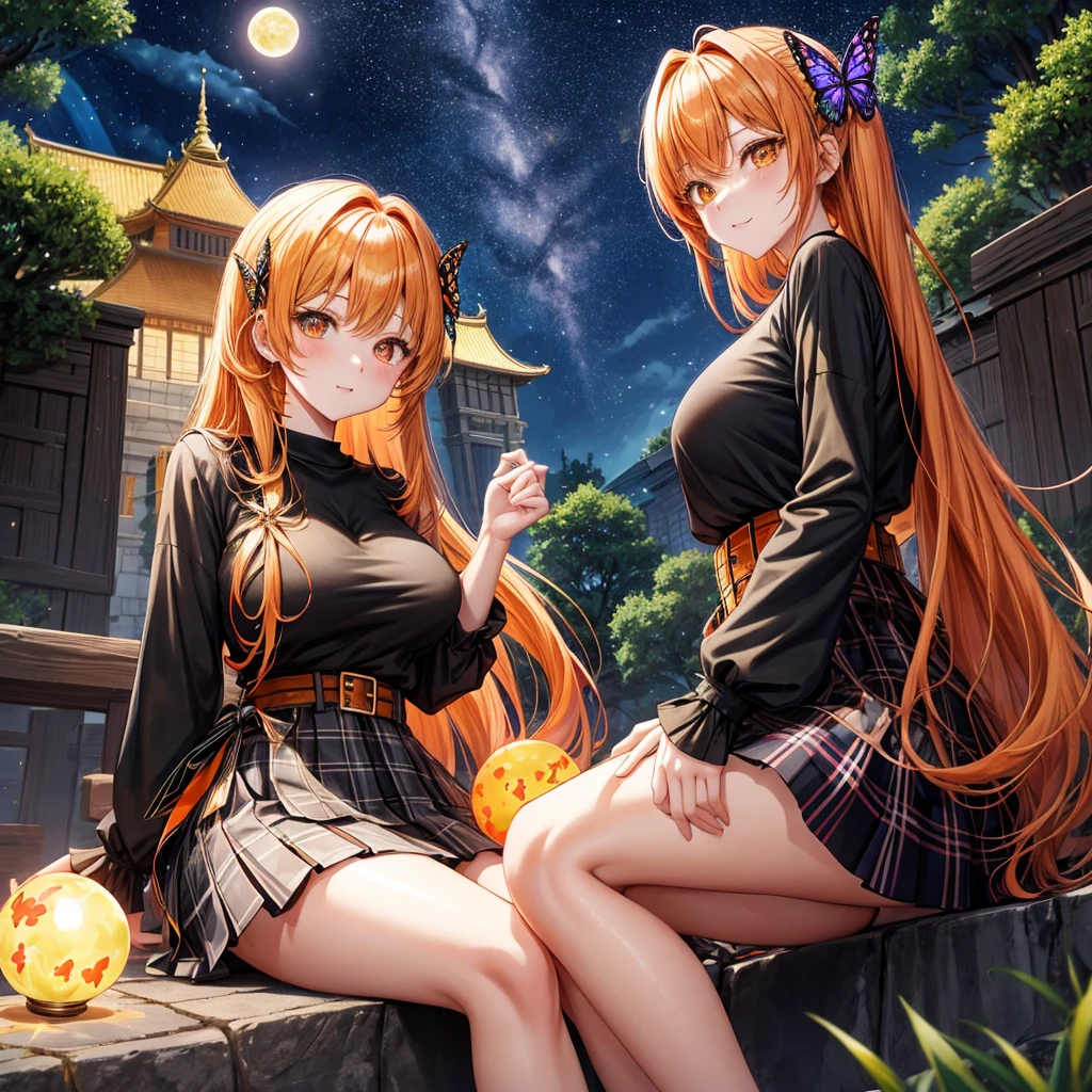 Orange hair、poneyTail、verd s eyes、one good looking girl、独奏、animesque、lightly dressed、Plaid miniskirt、a black T-shirt、fullmoon、Meteor swarm、large tree、Glittering starry sky、rainbow butterfly flying、Colorful marbles、sitting on、golden castle