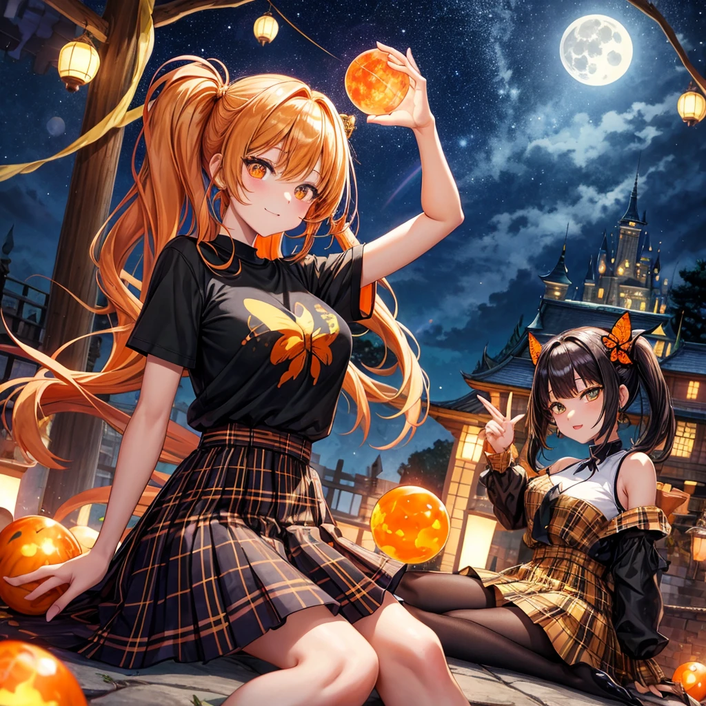 Orange hair、poneyTail、verd s eyes、one good looking girl、独奏、animesque、lightly dressed、Plaid miniskirt、a black T-shirt、fullmoon、Meteor swarm、large tree、Glittering starry sky、rainbow butterfly flying、Colorful marbles、sitting on、golden castle