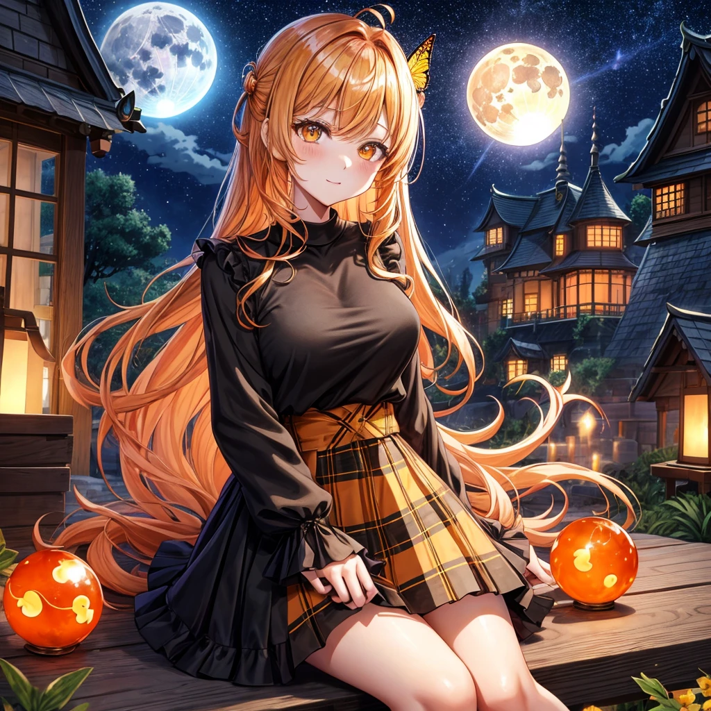 Orange hair、poneyTail、verd s eyes、one good looking girl、独奏、animesque、lightly dressed、Plaid miniskirt、a black T-shirt、fullmoon、Meteor swarm、large tree、Glittering starry sky、rainbow butterfly flying、Colorful marbles、sitting on、golden castle
