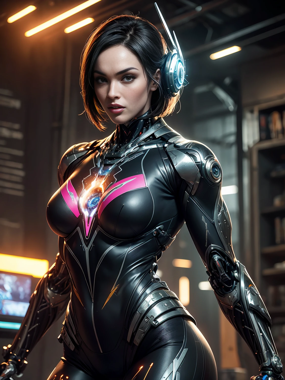 Cinematic, hyper-detailed, and insanely detailed, this artwork captures the essence of megan fox with breathtaking beauty. The color grading is beautifully done, enhancing the overall cinematic feel. Unreal Engine brings her anatomic cybernetic muscle suit to life, appearing even more mesmerizing. With the use of depth of field (DOF), every detail is focused and accentuated, drawing attention to her eyes and the intricate design of the anatomic cybernetic muscle suit . The image resolution is at its peak, utilizing super-resolution technology to ensure every pixel is perfect. Cinematic lighting enhances her aura, while anti-aliasing techniques like FXAA and TXAA keep the edges smooth and clean. Adding realism to the anatomic cybernetic muscle suit, RTX technology enables ray tracing. Additionally, SSAO (Screen Space Ambient Occlusion) gives depth and realism to the scene, the girl's anatomic cybernetic muscle suit become even more convincing. In the post-processing and post-production stages, tone mapping enhances the colors, creating a captivating visual experience. The integration of CGI (Computer-Generated Imagery) and VFX (Visual Effect brings out the anatomic cybernetic muscle suit's intricate features in a seamless manner. SFX (Sound Effects) complement the visual artistry, immersing the viewer further into this fantastic world. The level of detail is awe-inspiring, with intricate elements meticulously crafted, the artwork hyper maximalist and hyper-realistic. Volumetric effects add depth and dimension, and the photorealism is unparalleled. The image is rendered in 8K resolution, ensuring super-detailed visuals. The volumetric lightning adds a touch of magic, highlighting her beauty and the aura of her anatomic cybernetic muscle suit in an otherworldly way. High Dynamic Range (HDR) technology makes the colors pop, adding richness to the overall composition. Ultimately, this artwork presents an unreal portrayal of a super muscled cybernetic female android