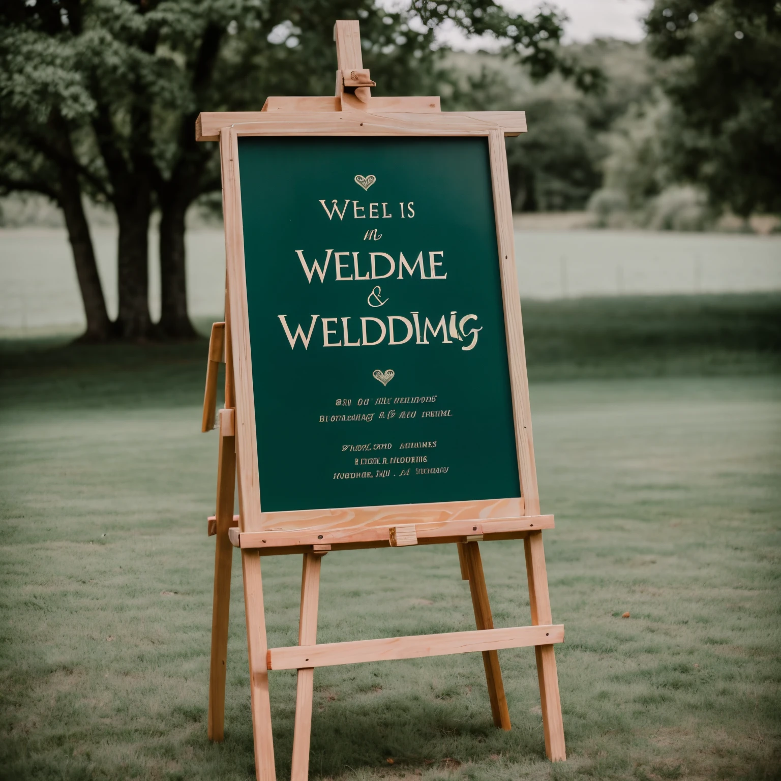 There is a wedding welcome sign on a rectangular sign. It stands on a modern 3-legged easel. Wedding elements are reflected in the camera in a green area. It's an extremely realistic scene and 8k hyperrealistic. Only one wedding sign is visible on stage.
