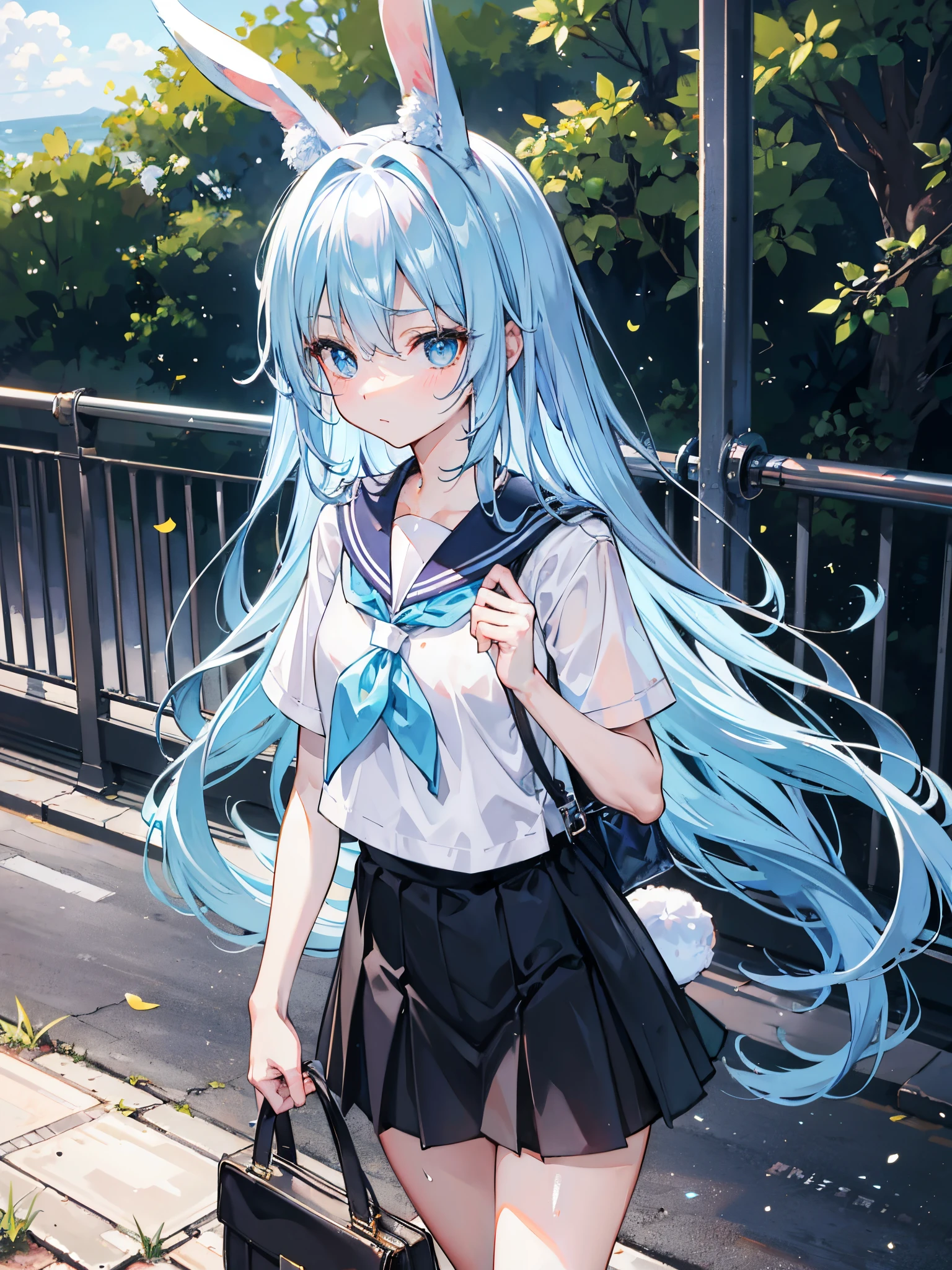 On the table,Best quality at best,ultra - detailed,two hands,Two legs,five finger,best faces,1 girl,light blue long hair,timid,bunny ears,Light blue eyes, Height 145 cm,small tit,bunny tail,a baby face,timid,a sailor suit,whitet-shirt,a black skirt,White socks,Holding a bag in his hand,The clothes were soaked with sweat,exhausted face,schools,walking down a road,Heat waves