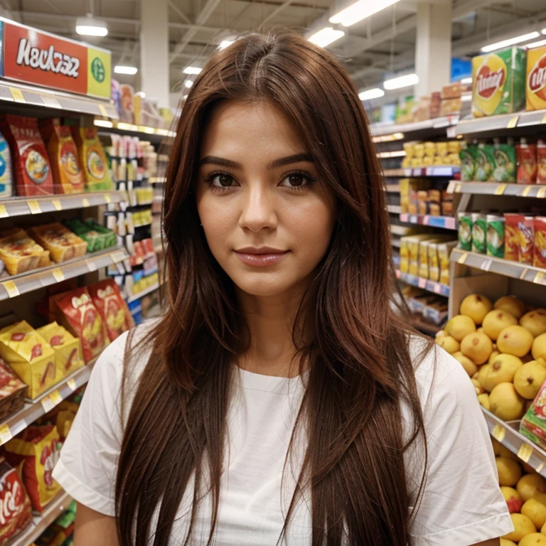 Mulher de cabelos vermelhos nua no supermercado