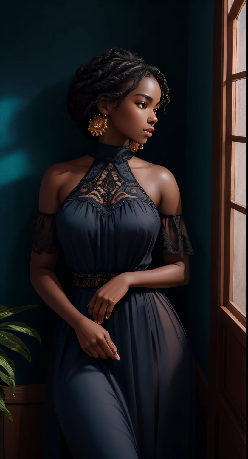 A brief moment of calm, beautiful black woman with cinnamon skintone, dark skin, neutral color lace clothing against the vibrant colors of a wall tapestry. Portrait shot with peach and cyan lighting , detailed intricate , in the style of James Jean and Thomas Kincaid , chiaroscuro, wabi sabi , beautiful, masterpiece, behance winning, oil painting, romanticism