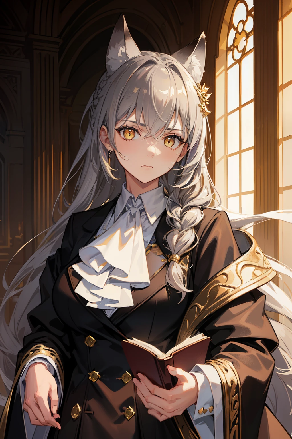 (best quality:1.3), (masterpiece:1.3), (illustration:1.3), (ultra-detailed:1.3), ((Best quality)), animal ears, wolf ears, extra ears, long hair, dark gray hair, wolf girl, yellow eyes, ascot, white ascot, hair between eyes, closed mouth, jewelry, bangs, large breasts, indoors, standing, ((serious expression, slanted eyes)), white long pants, black suit, coat, mature, holding a book, tall, braid, french braid, elegant, hair ornaments, golden diadem on head,