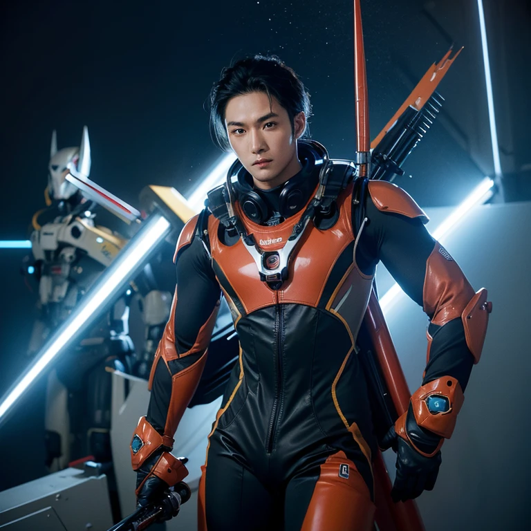 future-tech,Wearing a mecha diving suit,Male Asian 28 years old,Star face,burly build,Vampire appearance,Holding mecha sword in hand,CG animation