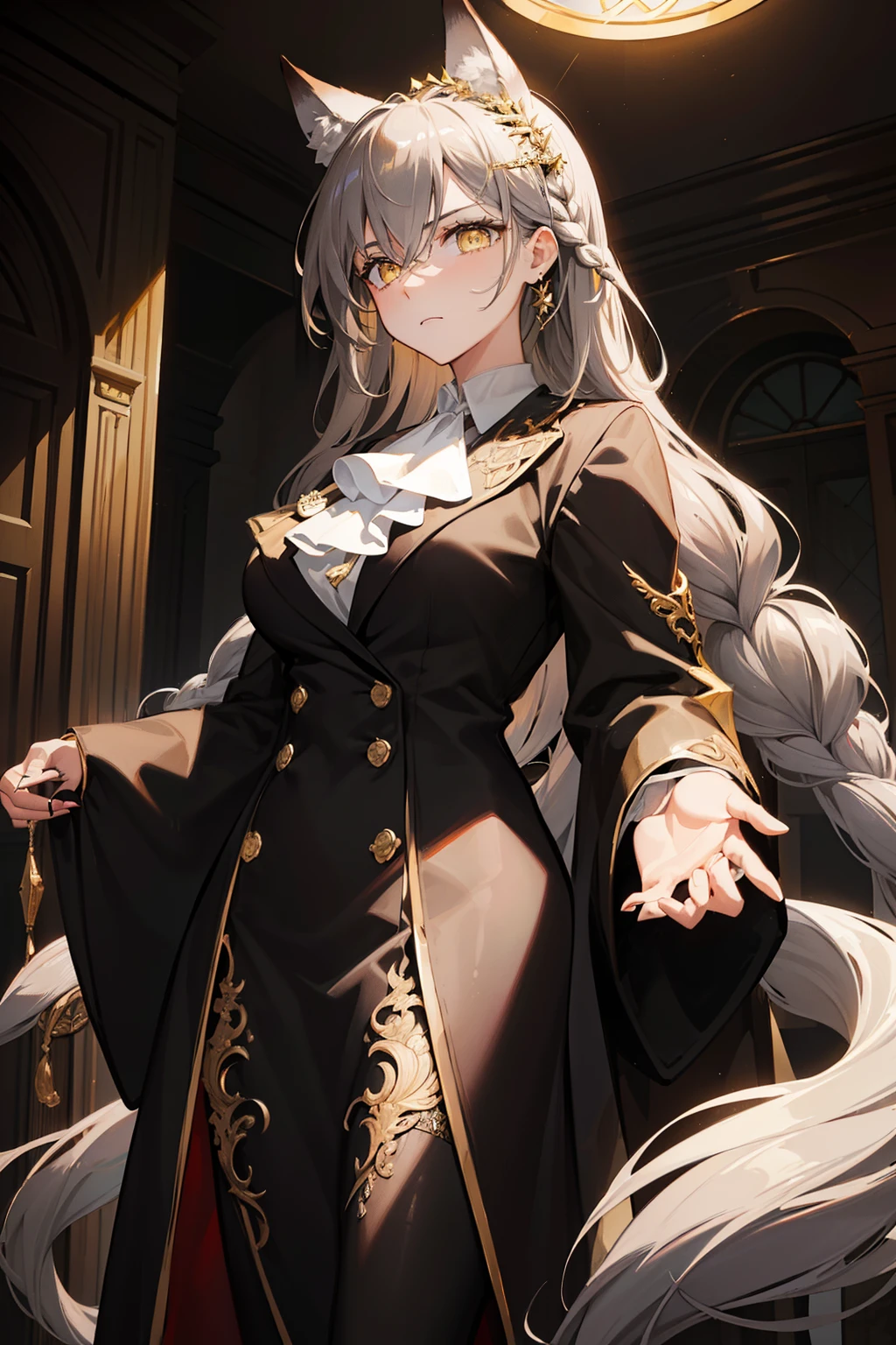 (best quality:1.3), (masterpiece:1.3), (illustration:1.3), (ultra-detailed:1.3), ((Best quality)), animal ears, wolf ears, extra ears, long hair, dark gray hair, wolf girl, yellow eyes, ascot, white ascot, hair between eyes, closed mouth, jewelry, bangs, large breasts, indoors, standing, ((serious expression, slanted eyes)), white long pants, black suit, coat, mature, holding a book, tall, braid, french braid, elegant, hair ornaments, golden diadem on head,