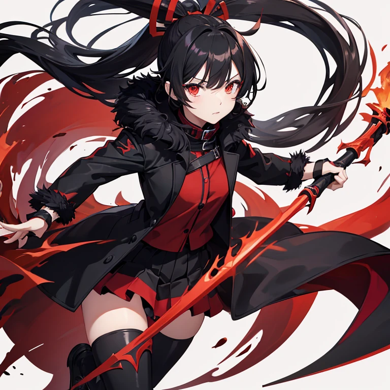 Anime Girl, red black jacket with fur collar, black red pants, red black skirt, black long ponytail, rote augen, black burning scythe, full entire body