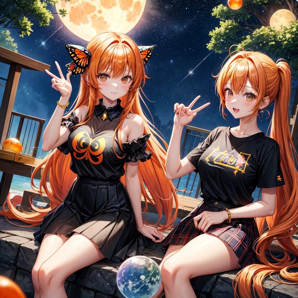 Orange hair、poneyTail、verd s eyes、one good looking girl、独奏、animesque、lightly dressed、Plaid miniskirt、a black T-shirt、fullmoon、Meteor swarm、large tree、Glittering starry sky、rainbow butterfly flying、Colorful marbles、sitting on、golden castle
