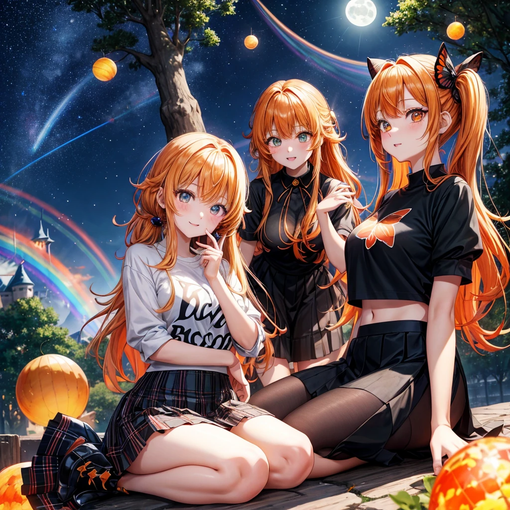 Orange hair、poneyTail、verd s eyes、one good looking girl、独奏、animesque、lightly dressed、Plaid miniskirt、a black T-shirt、fullmoon、Meteor swarm、large tree、Glittering starry sky、rainbow butterfly flying、Colorful marbles、sitting on、golden castle