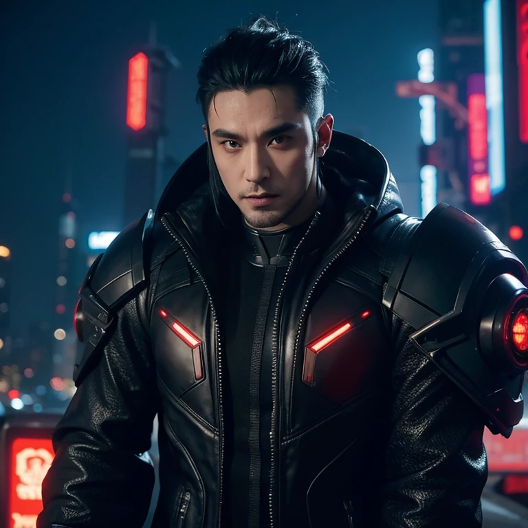 Cyberpunk world,scientific fiction,male people: 28 year old,vampire cage appearance,china idol,Wearing a mech suit,For handsome guys,CG animation,burly build
