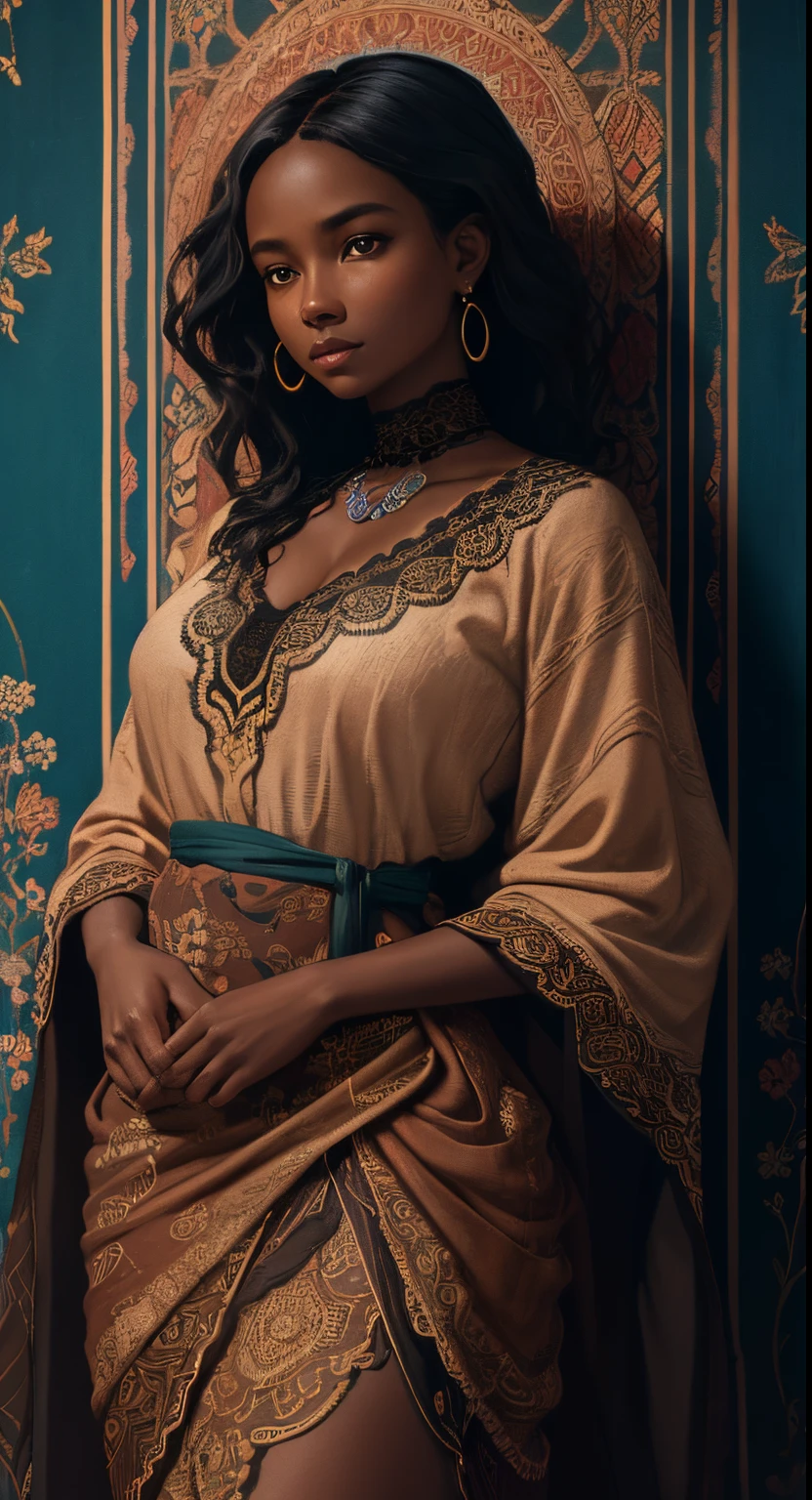 A brief moment of calm, beautiful black woman with cinnamon skintone, dark skin, neutral color lace clothing against the vibrant colors of a wall tapestry. Portrait shot with peach color and cyan lighting , detailed intricate , in the style of James Jean and Thomas Kincaid ,wabi sabi , beautiful, masterpiece, behance winning, oil painting, romanticism