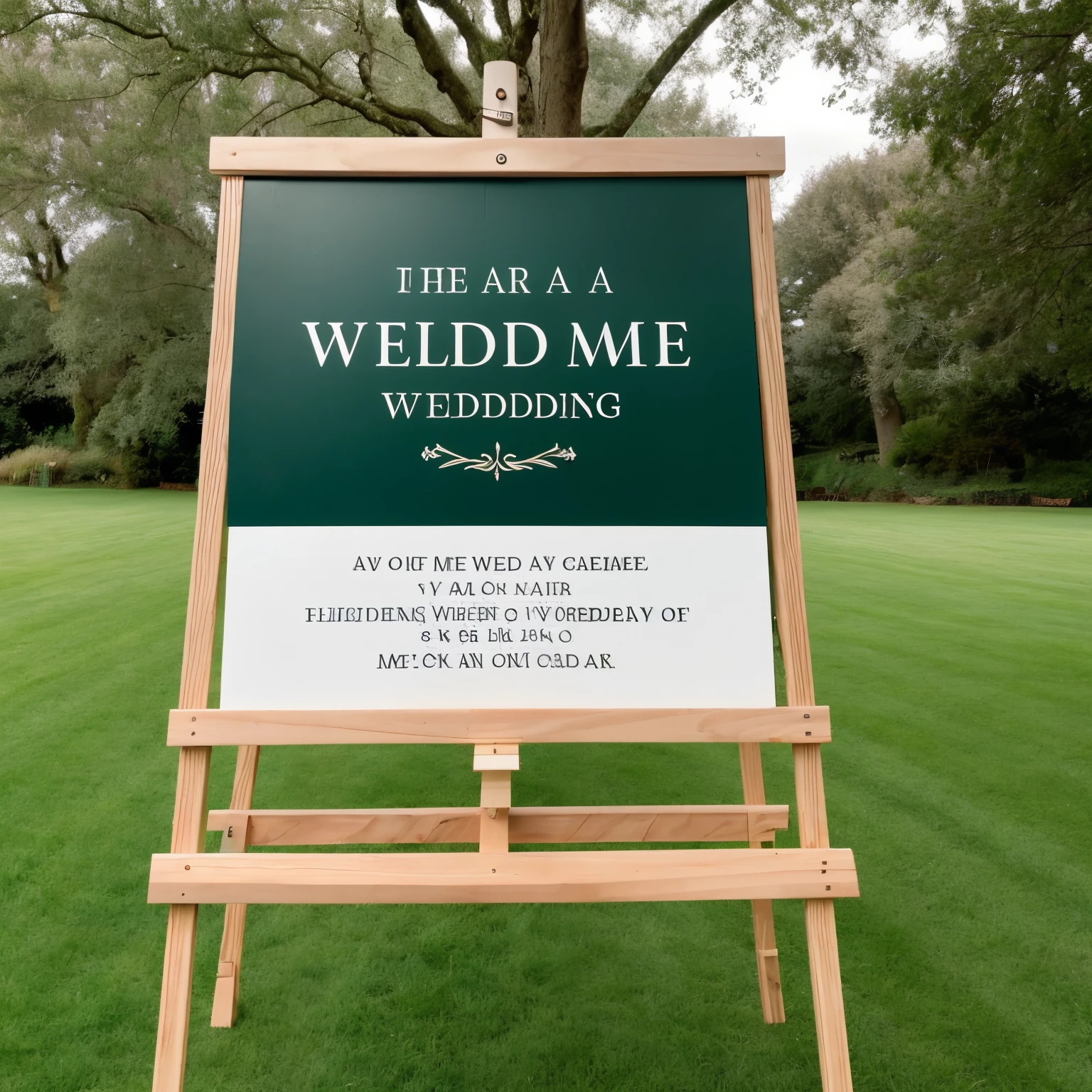 There is a wedding welcome sign on a rectangular sign. It stands on a modern 3-legged easel. The sign welcomes the wedding guests on a long green path in a green area. Elements of the wedding around are reflected on the camera. It's an extremely realistic scene and 8k hyperrealistic. Only one wedding sign is visible on stage.