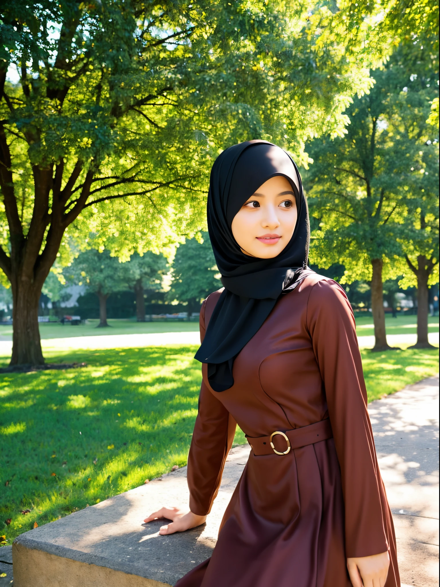 A beautiful Asian girl in a long hijab with tight and clearly visible breasts, With dark colored clothes, Hugging a stick to her chest, and good quality images 