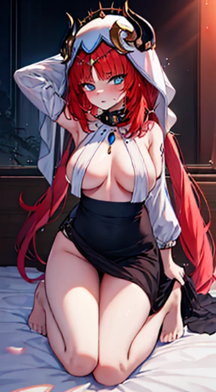 tmasterpiece, Best quality, A high resolution, 8K, ultra - detailed, high high quality,  Teenage girl, Redhead 2D pretty girl，explanatory，succubus theme，Kneeling on the bed with bare legs，That girl&#39;Eyes full of love，tear drop，Stick out her tongue, 黑The eye, cropped shoulders, Bedrooms, pouting, face flushed, shoulder, upper legs, Lop, 鎖骨, There are huge beads of sweat on the chest，A little less clothes，He wears a collar around his neck，There are huge，bigger，with tattoos