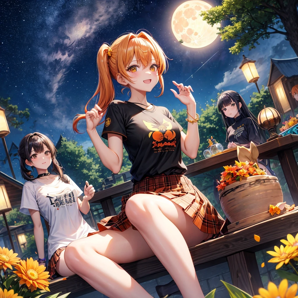 Orange hair、poneyTail、verd s eyes、one good looking girl、独奏、animesque、lightly dressed、Plaid miniskirt、a black T-shirt、fullmoon、Meteor swarm、large tree、Glittering starry sky、rainbow butterfly flying、Colorful marbles、sitting on、golden castle、flower petals