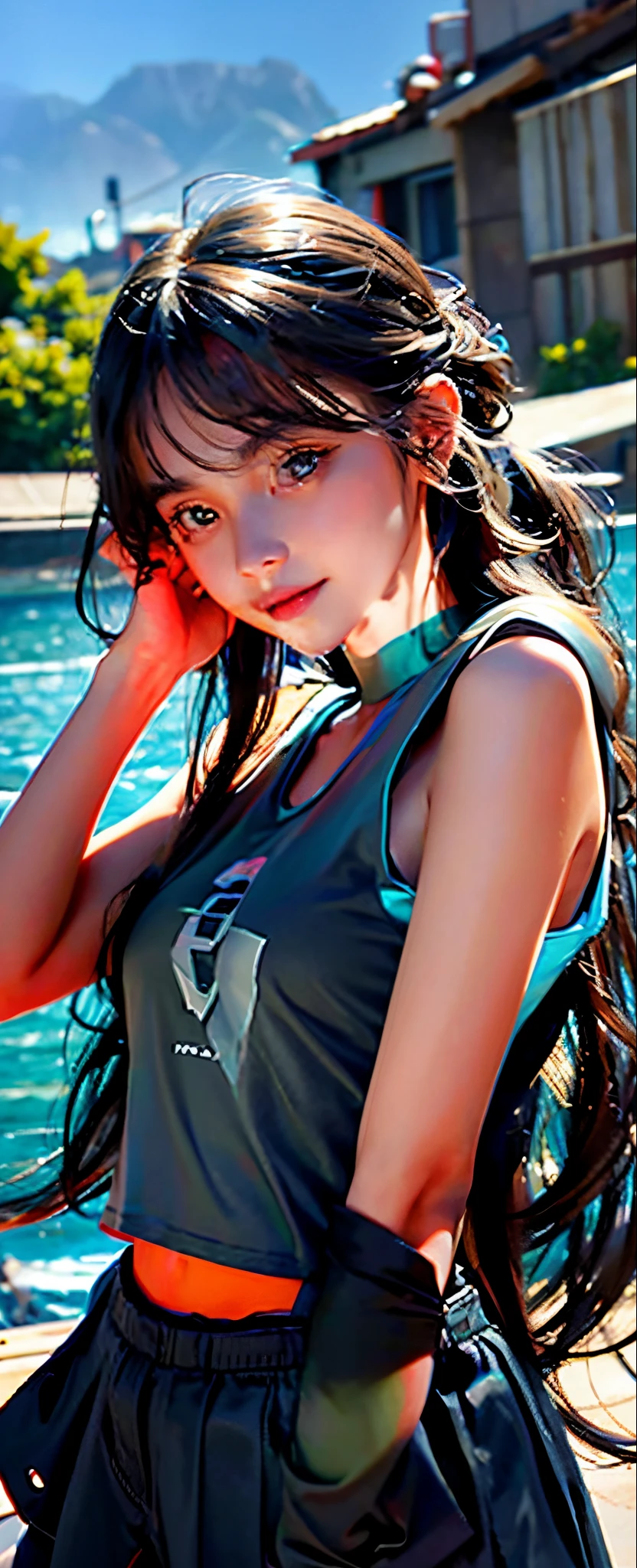 18-year-old American girl, video gamer, wearing a semi-transparent cropped T-shirt, jet-black flowing hair, blushing cheeks, natural skin texture, 4K resolution, highly detailed, incredibly detailed, subtle colors, wavy long hair, a slight smile on her face, , looking directly at the camera, tilted head, small breasts.