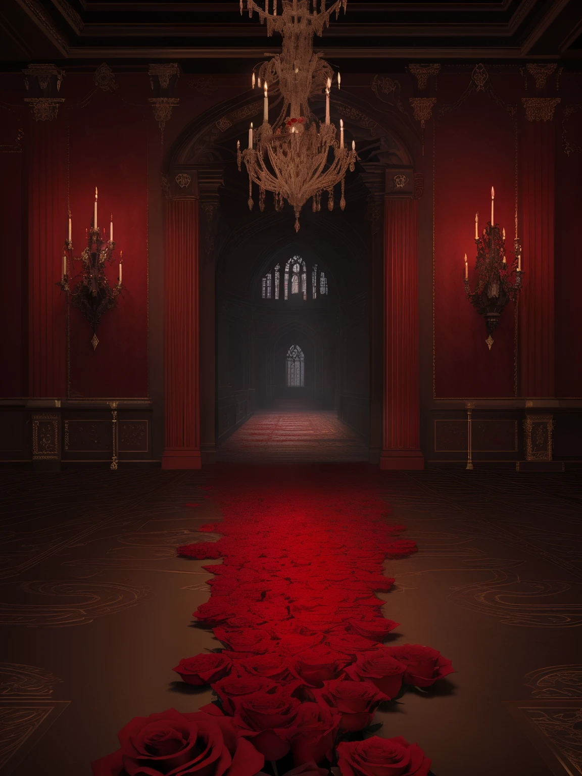 Dark Castle,Gorgeous intricate details,red rose,Broken petalaroque element,European classical,Exquisite illustrations,large commercial style,Large game CG scenes,16K HD resolution,Dark Department