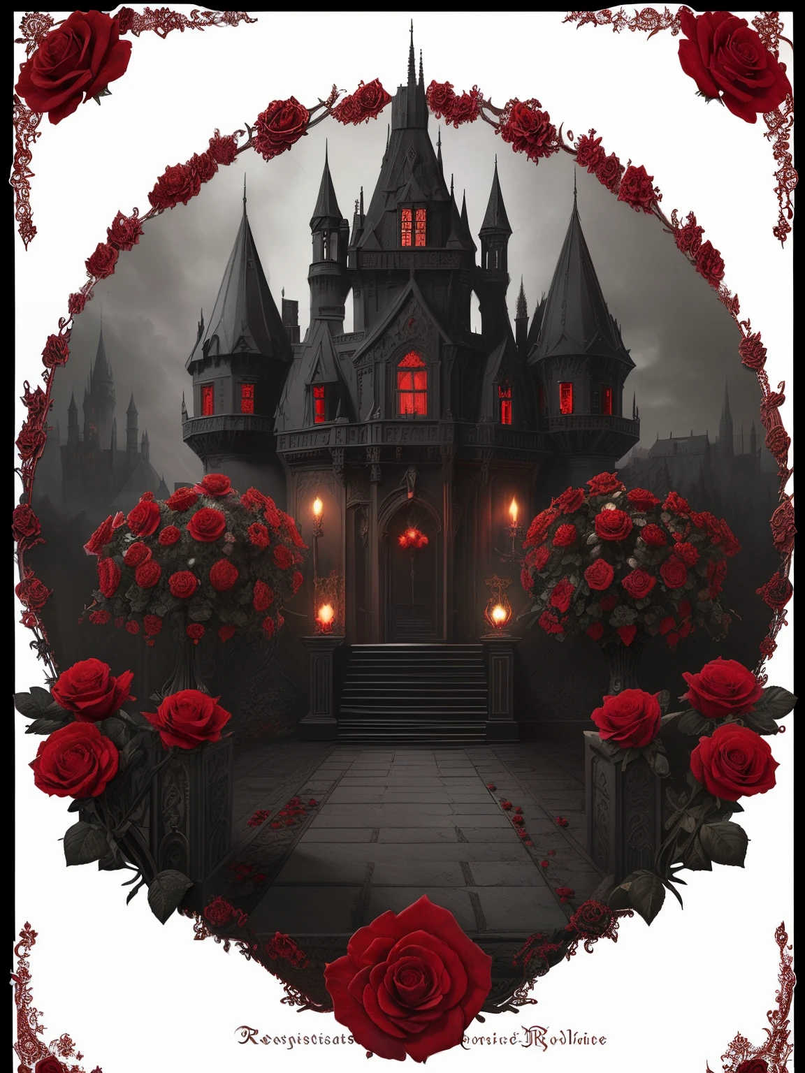 Dark Castle,Gorgeous intricate details,red rose,Broken petalaroque element,European classical,Exquisite illustrations,large commercial style,Large game CG scenes,16K HD resolution,Dark Department