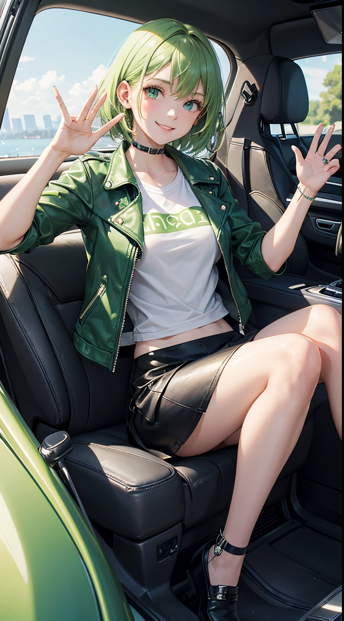 master piece,best quality, Solo lady,24 year old, beautiful eyes,cute, sitting, green leather jacket, T-shirt, white color tight skirt, shy smile, green color hair, short hair, flipped hair, waving in a strong wind hair, driving a green sports car,Sitting in the driver's seat