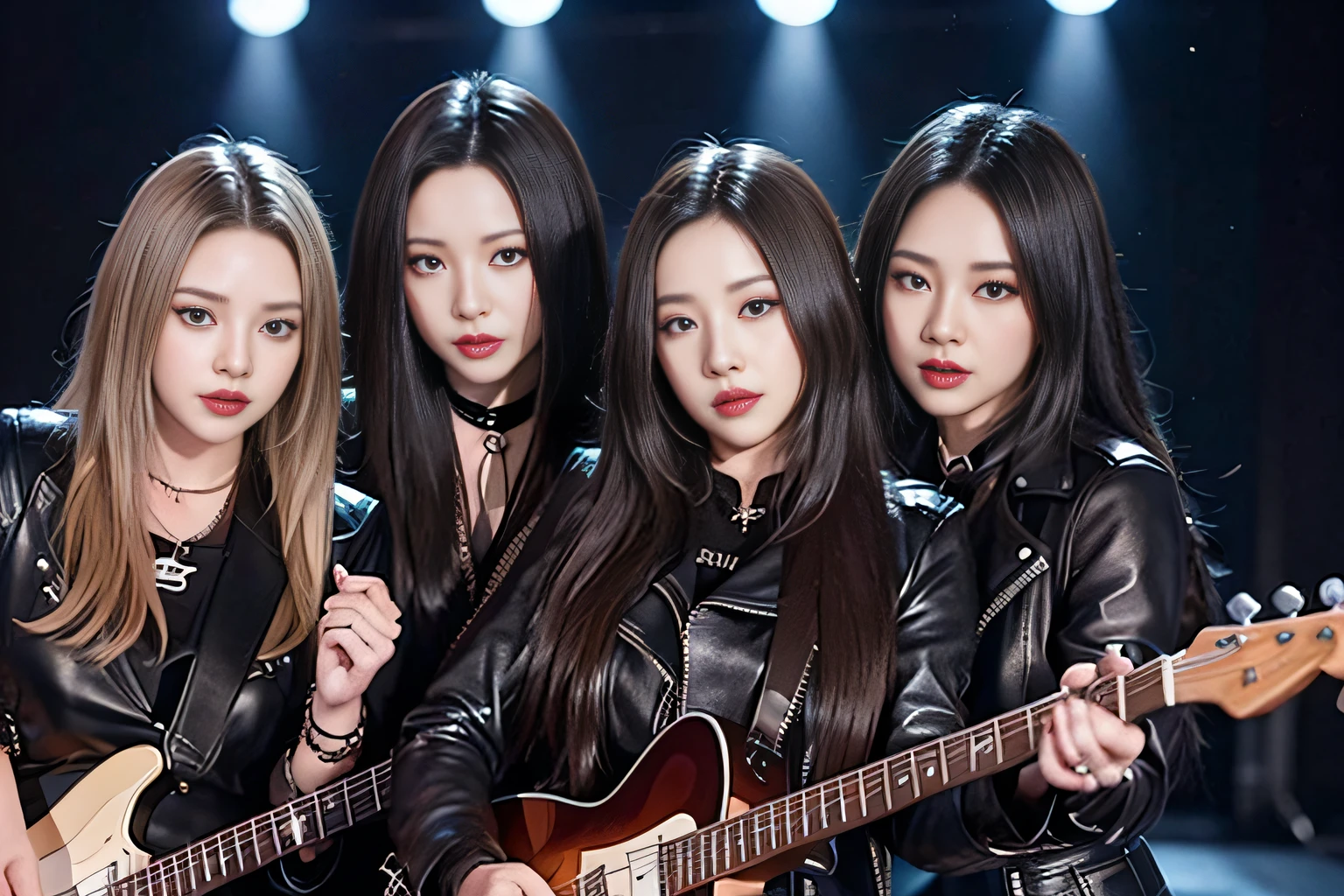 5 member girl band、metal bands、超A high resolution、An ultra-high picture quality、8K、Wonderful expression with attention to detail、All have long brown curly hair、Black leather jacket、Performance scene at a live house